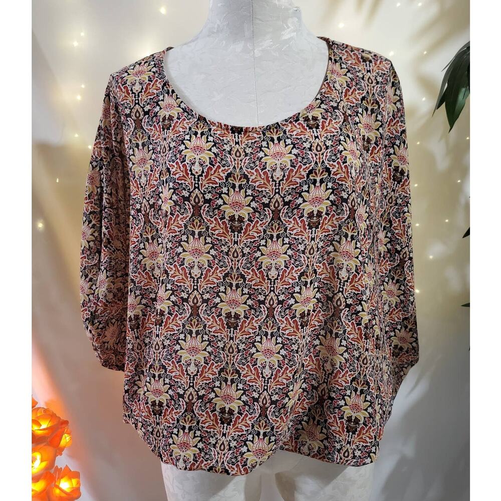 Rose & Olive Floral Boho Scoop Neck Blouse Top Womens Size L Hippie Flowy Light